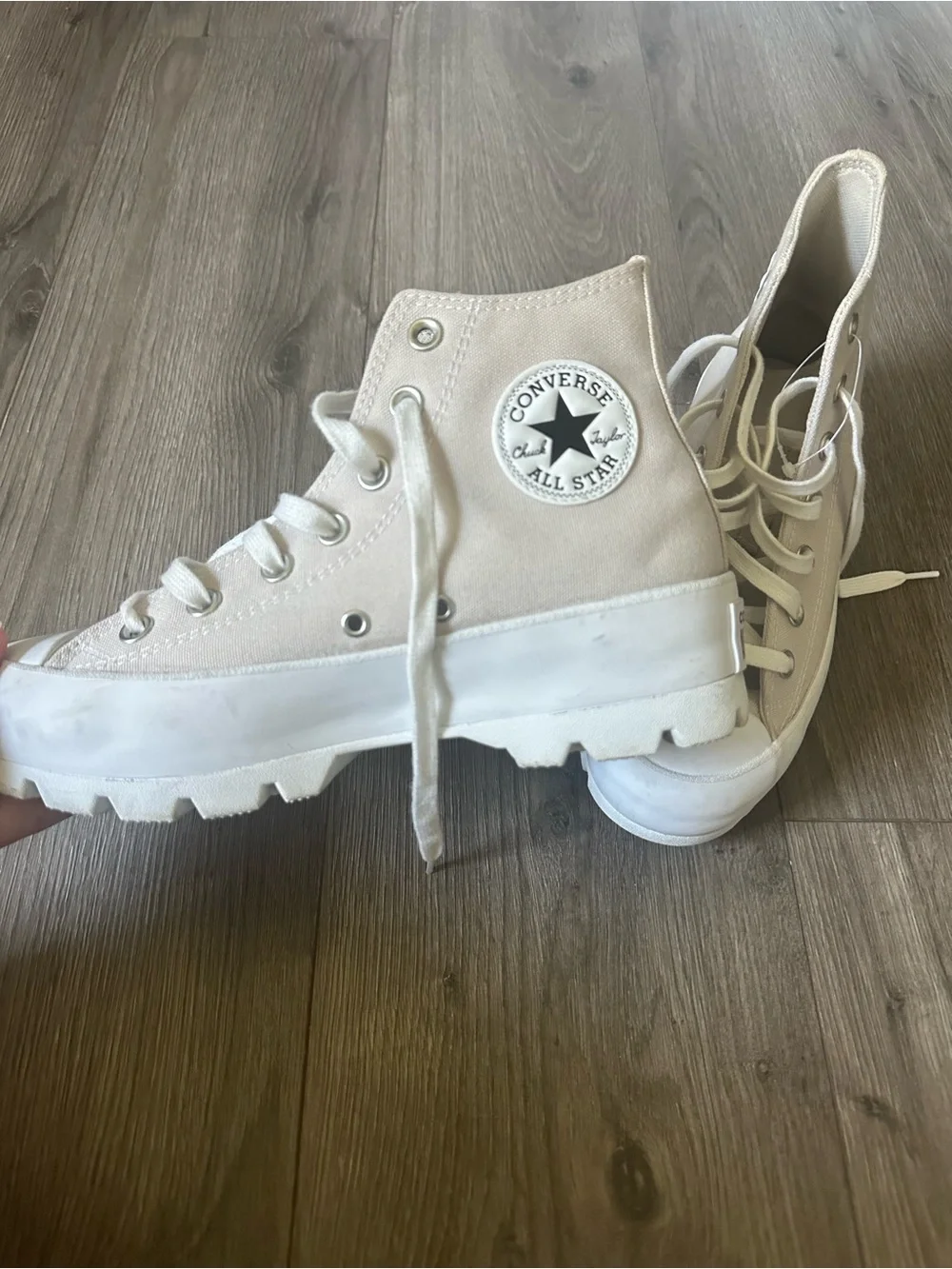 Converse Nude Beige aesthetic Platform Lug Sole High Top Sneakers in Cream/White - Picture 5 of 16
